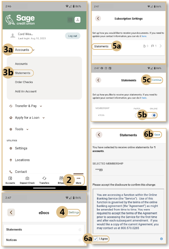 E-statement enrollment screenshots